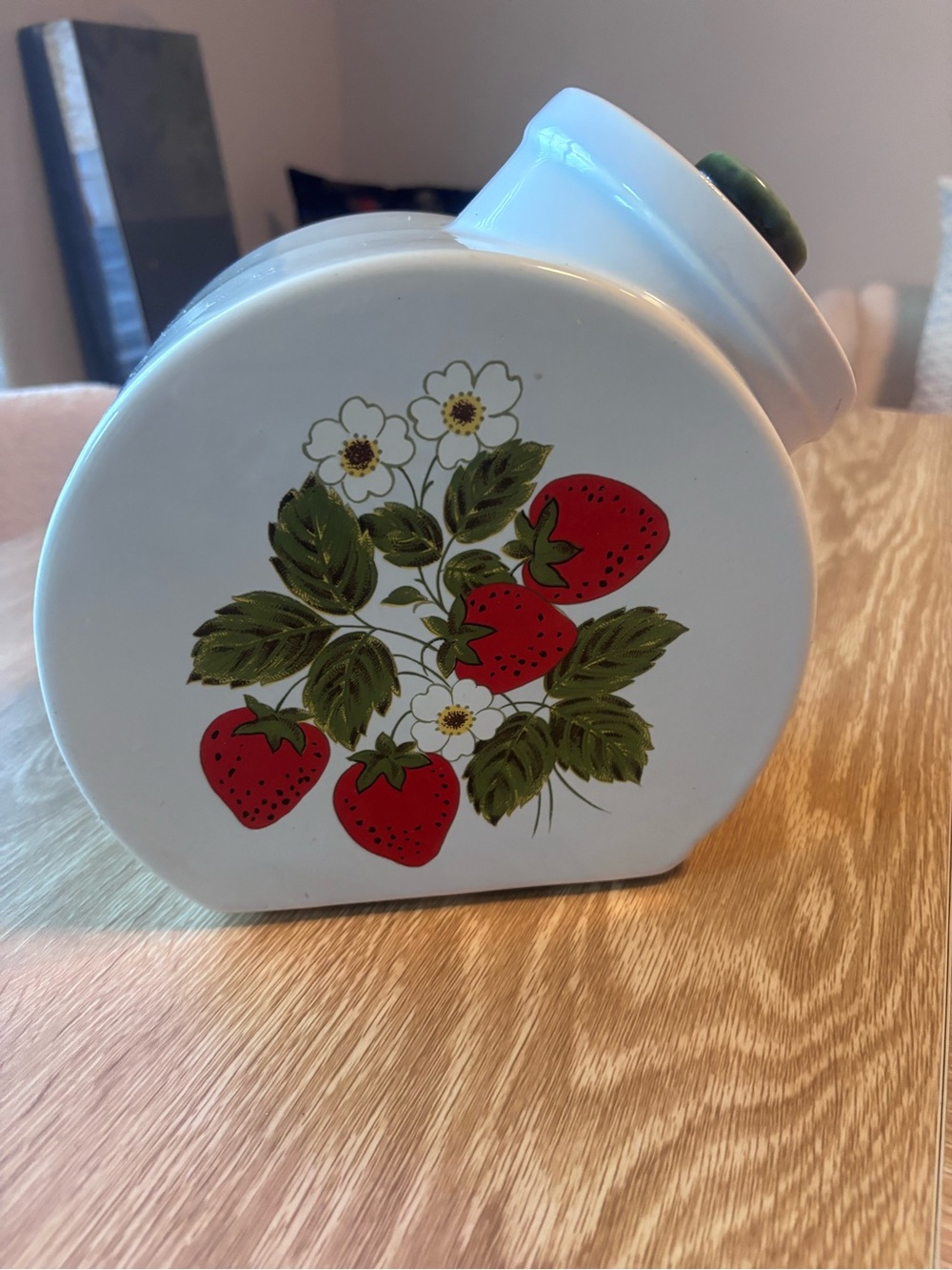 Vintage White Ceramic Strawberry Canister with Red and Green Design